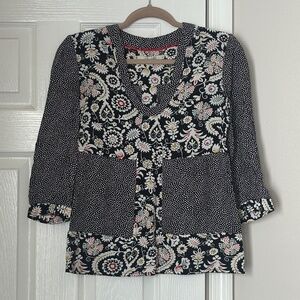 Boden Mollie Tunic Top Paisley Floral Polka Dot V-Neck Black White Size 4